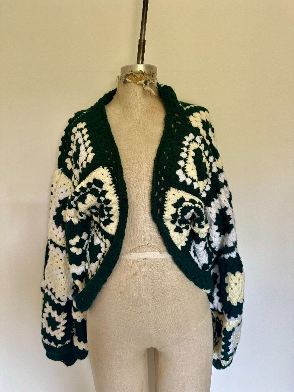 Vintage 70s Crochet Cardigan Handmade Granny Square Heart Sweater Boho Cottageco